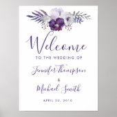 Poster Aquarelle violet et argent Mariage Floral Bienvenu (Devant)