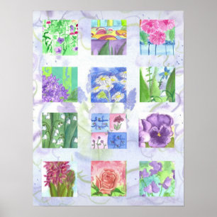 Poster Aquarelle violet Fleur Collage Art Pansy Roses