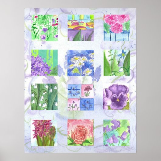 Poster Aquarelle violet Fleur Collage Art Pansy Roses (Devant)