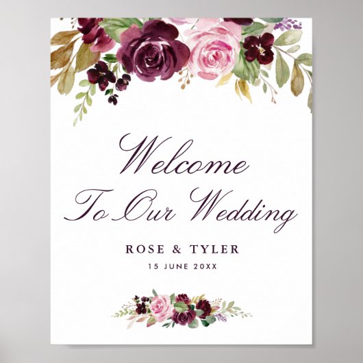 Poster aquarelle violet mariage fleuri signe de bienvenue (Devant)