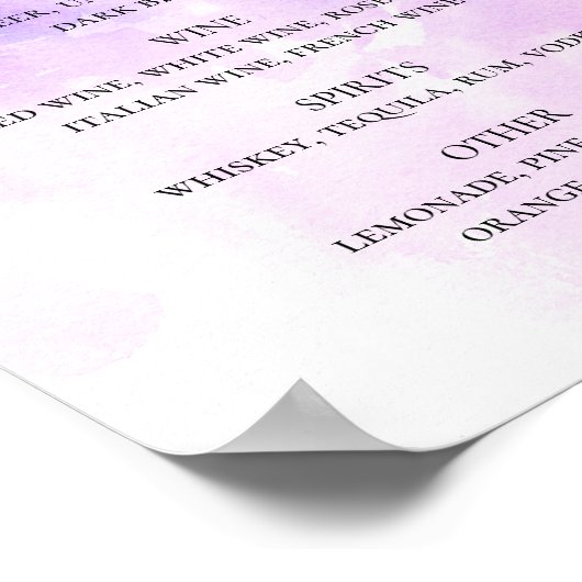 Poster Aquarelle violet script lilas mariage bar boissons (Coin)