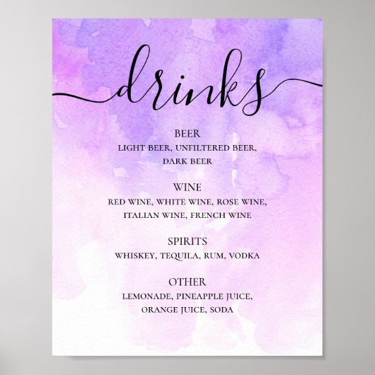 Poster Aquarelle violet script lilas mariage bar boissons (Devant)