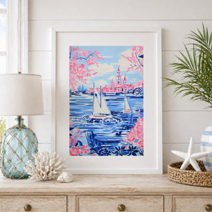 Poster Aquarelle Voiliers Blancs Eaux Bleues Floral Rose