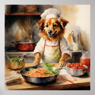 Poster Aquarelle Volpino Italiano Chien Cuisine Pasta