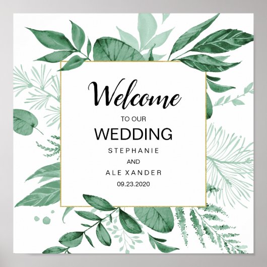 Poster Aquarelle Wild Feuilles Hunter Mariage vert (Devant)
