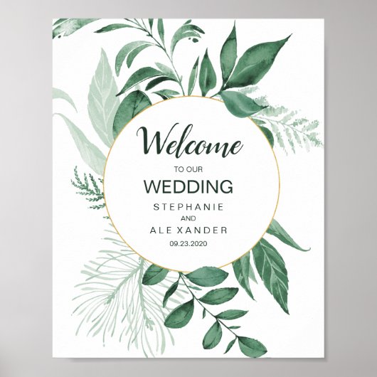 Poster Aquarelle Wild Feuilles Hunter Mariage vert (Devant)