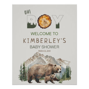 Poster Aquarelle Woodland Oh Boy Bear Baby shower