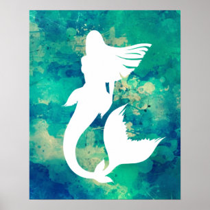 Poster Aquarelles Océan teintes Sirène Silhouette