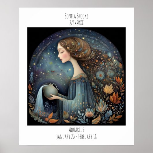 Poster Aquarius Zodiaque Astrologie Nom & Anniversaire (Devant)