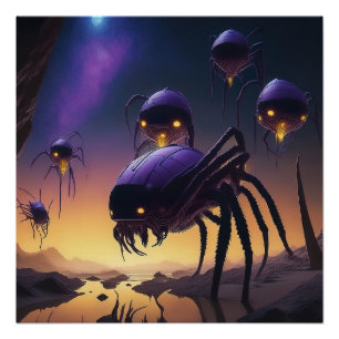 Poster Araignées Aliens Débarquant Sur Un Paysage Désolé