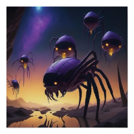 Poster Araignées Aliens Débarquant Sur Un Paysage Désolé (Devant)