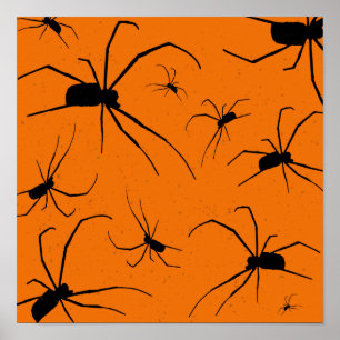 Poster Araignées d'Halloween orange Motif, Araignée noire