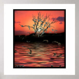 Poster Arbre à argent couché de soleil sur une journée ve