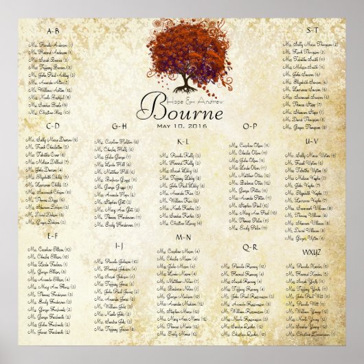 Poster Arbre à coeur corail - 100 à 150 invités - alphabé (Devant)