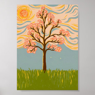 Poster Arbre à fleurs de cerisier Impasto Tourbillonnant