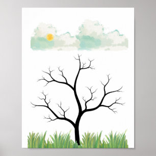 Poster Arbre à l'aquarelle avec nuages et soleil, Nature