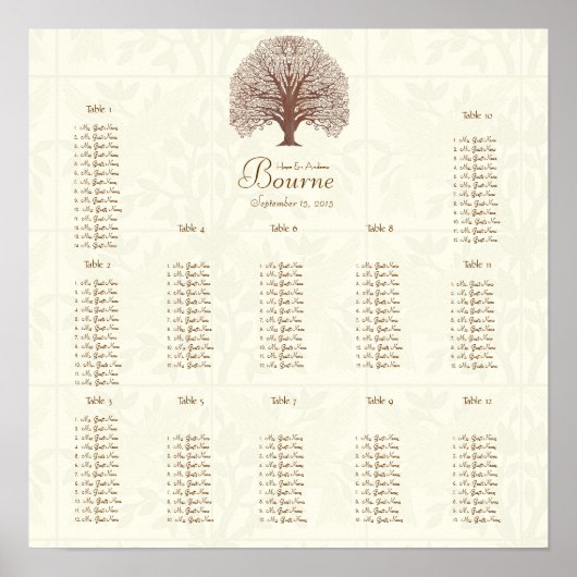 Poster Arbre à motifs floraux Brown ivoire 12 tables (Devant)