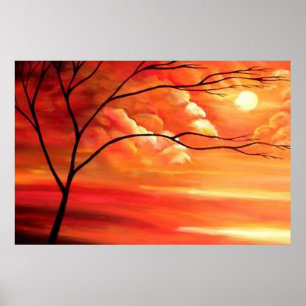 Poster Arbre Abstrait et coucher de soleil - Art moderne 