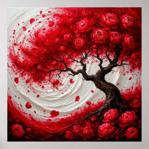 Poster Arbre Abstrait Vibrant Avec Des Fleurs Rouges Tour
