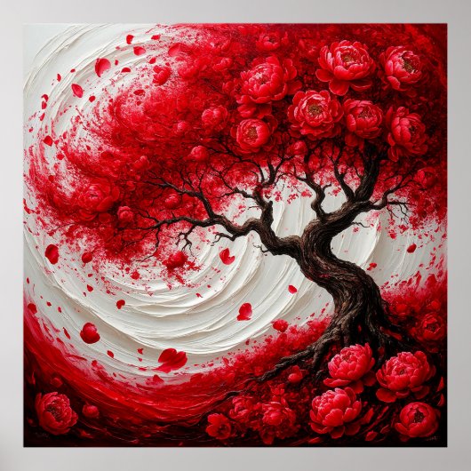 Poster Arbre Abstrait Vibrant Avec Des Fleurs Rouges Tour (Devant)
