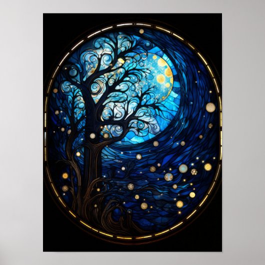 Poster Arbre au Clair de Lune Vitrail Art Céleste (Devant)