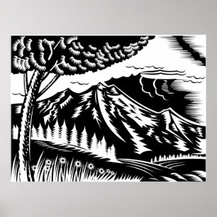 Poster arbre avec la montagne dans la gravure sur bois en