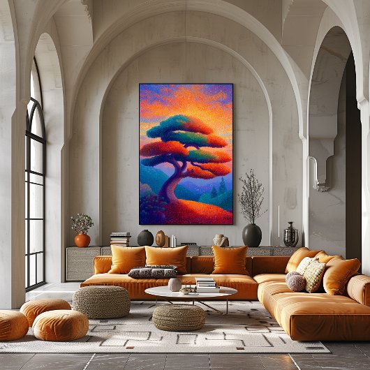 Poster Arbre Bonsaï Zen Pointillisme Art Paysager