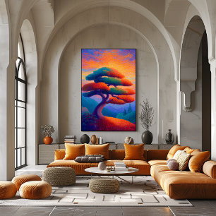 Poster Arbre Bonsaï Zen Pointillisme Paysage Art