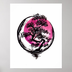 Poster Arbre Cercle Soleil rouge