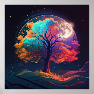 Poster Arbre coloré de vie Lune Galaxie Imaginaire