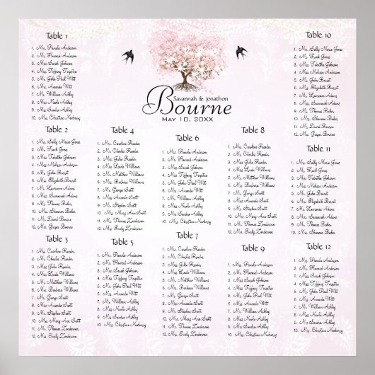 Poster Arbre d'amour à coeur rose simplement Oiseaux de m (Devant)