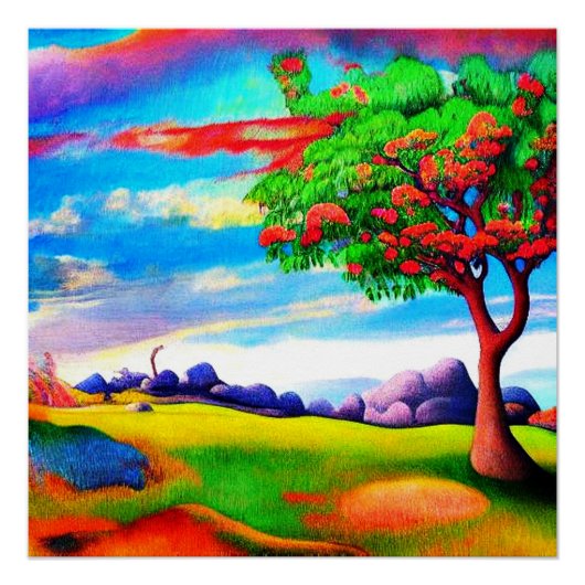 Poster Arbre dans une prairie rocheuse (Devant)