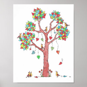 Poster Arbre d'aquarelle avec oiseaux