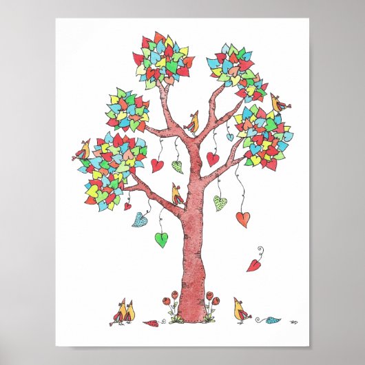 Poster Arbre d'aquarelle avec oiseaux (Devant)