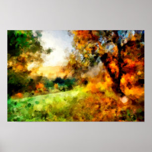 Poster Arbre d'automne sur une colline au coucher du sole