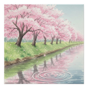 Poster Arbre de cerisier à fleurs rose pastel aquarelle p