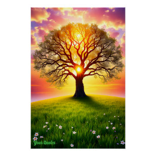 Poster Arbre de chêne ancien sur la colline verte au couc