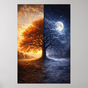 Poster Arbre de chêne jour nuit hiver automne Art mystiqu