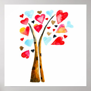 Poster Arbre de coeur art à l'aquarelle pour la Saint-Val
