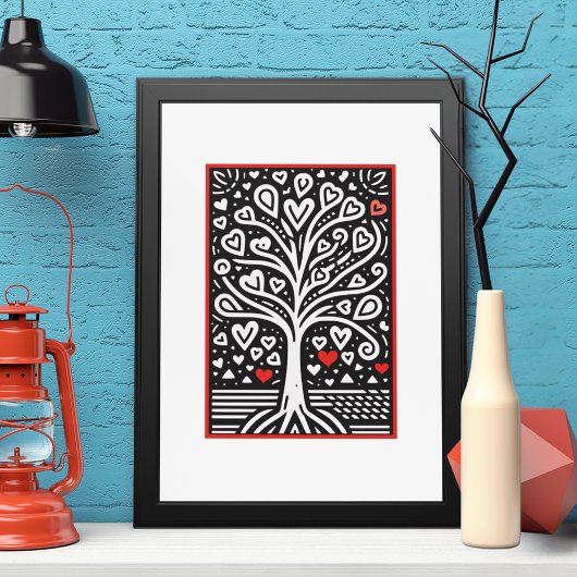 Poster Arbre de coeur de l'amour : Black & White Folk Art