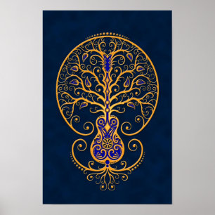 Poster Arbre de guitare de la vie bleu d'or