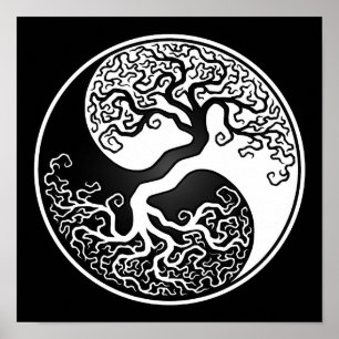 Poster Arbre de la vie blanc et noir Yin Yang