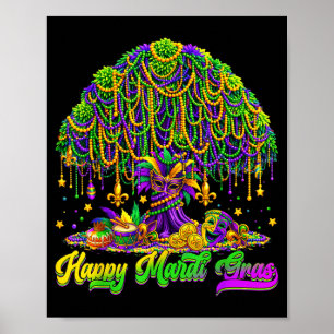 Poster Arbre de Mardi Gras heureux Perles Masque Carnaval