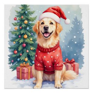 Poster Arbre de Noël au retriever doré à l'aquarelle chau