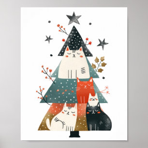 Poster Arbre de Noël aux chats fantaisistes à l'aquarelle