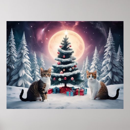 Poster Arbre de Noël couvert de neige avec chats (Devant)
