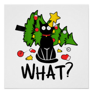 Poster Arbre de Noël drôle de chat noir Noël joyeux Santa