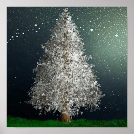 Poster Arbre de Noël en argent blanc, étoiles brillantes (Devant)