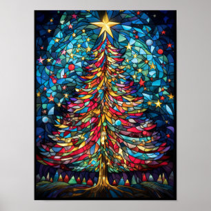 Poster Arbre de Noël en verre coloré sous une étoile doré