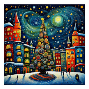Poster Arbre de Noël en ville carré 2